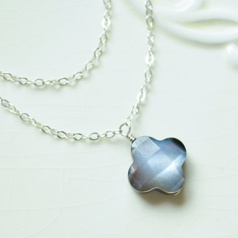 Black Mother of Pearl Necklace with Double Silver Chains