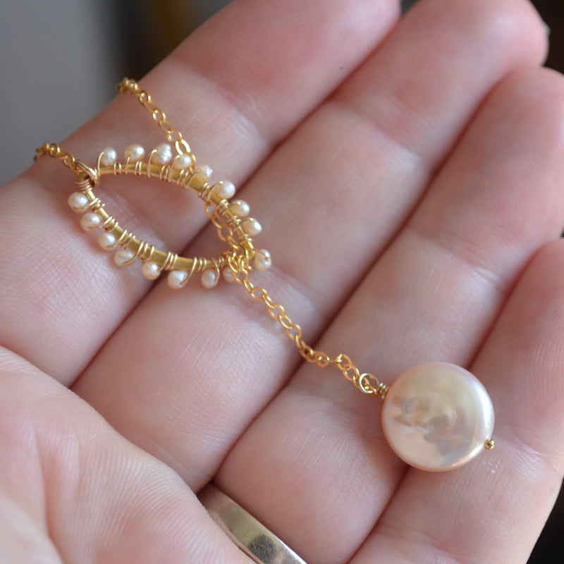 Pink Coin Pearl Lariat Necklace in Gold