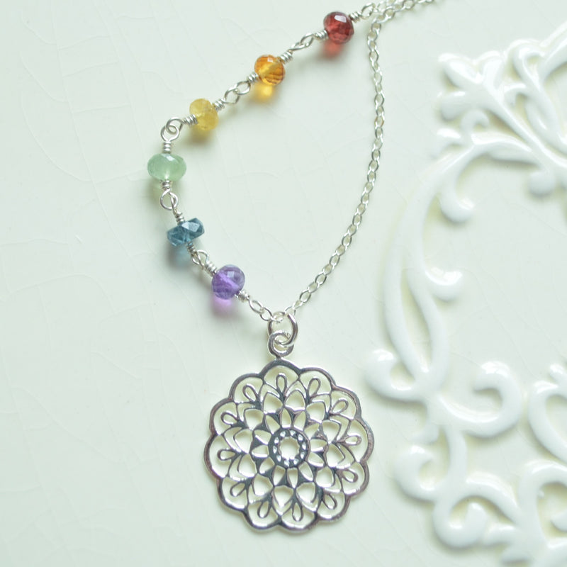 Sterling Silver Mandala Necklace with Rainbow Gemstones