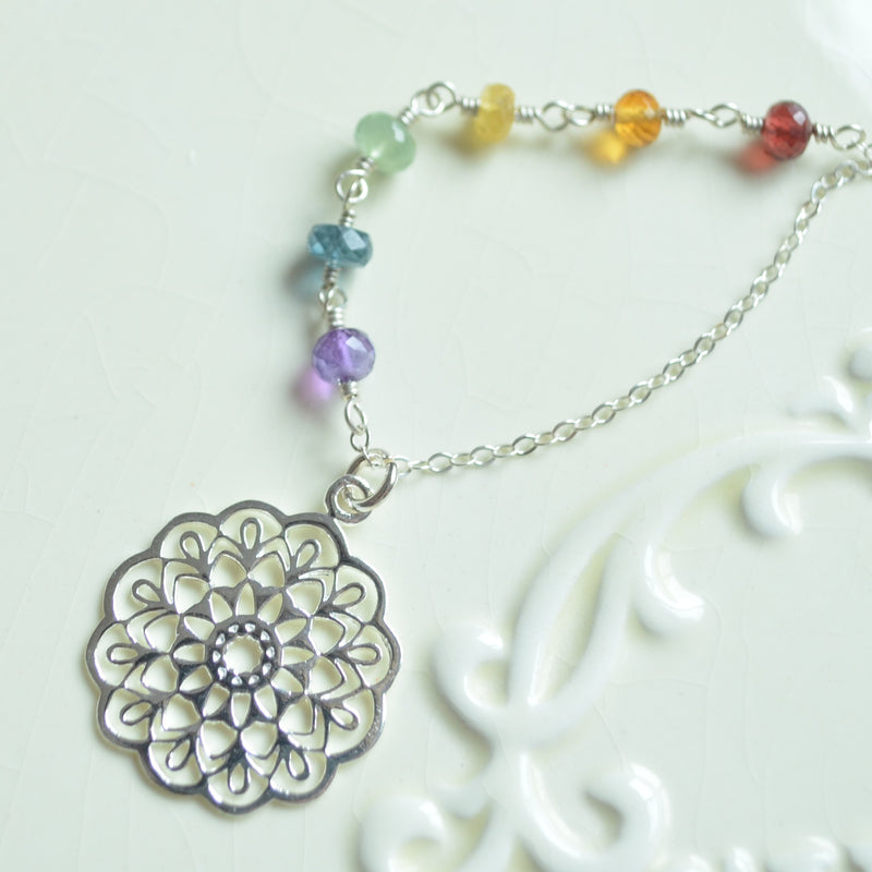 Sterling Silver Mandala Necklace with Rainbow Gemstones
