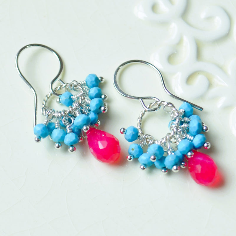 Turquoise Cluster Earrings with Hot Pink Chalcedony