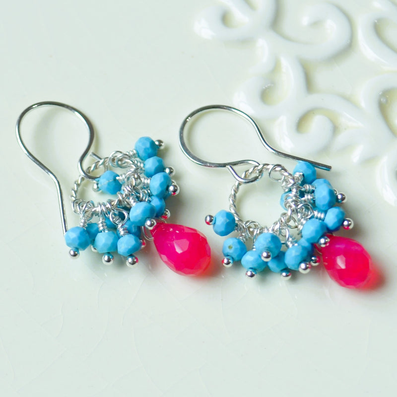 Turquoise Cluster Earrings with Hot Pink Chalcedony