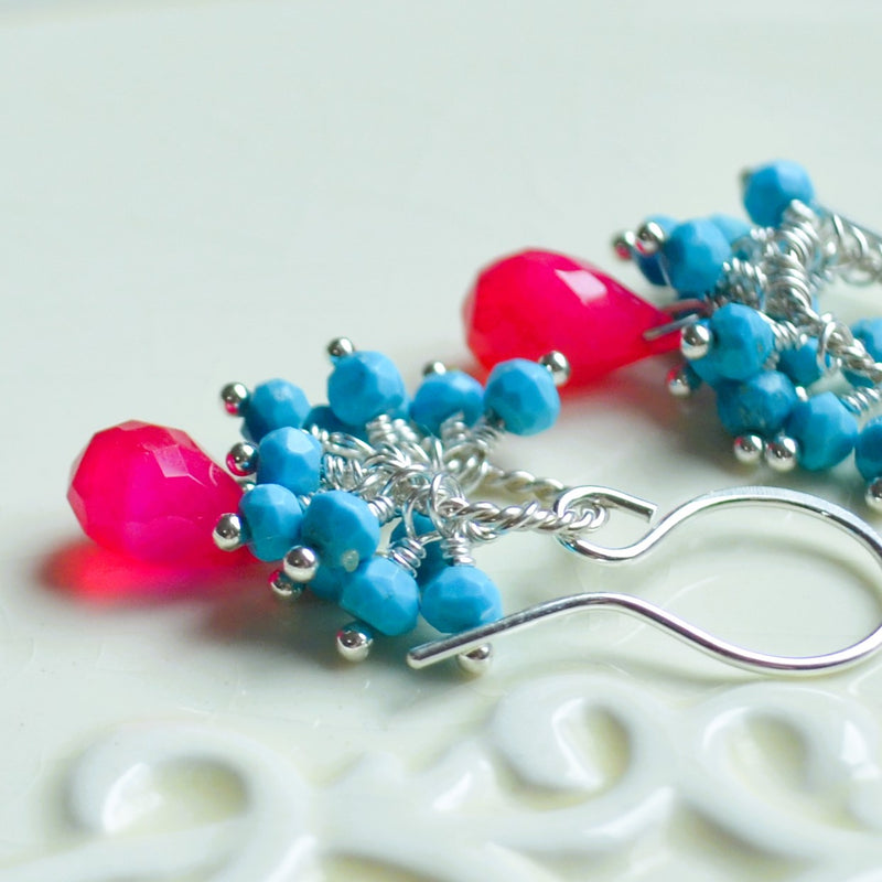 Turquoise Cluster Earrings with Hot Pink Chalcedony