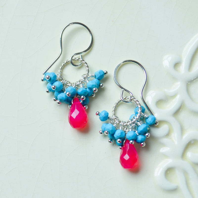 Turquoise Cluster Earrings with Hot Pink Chalcedony