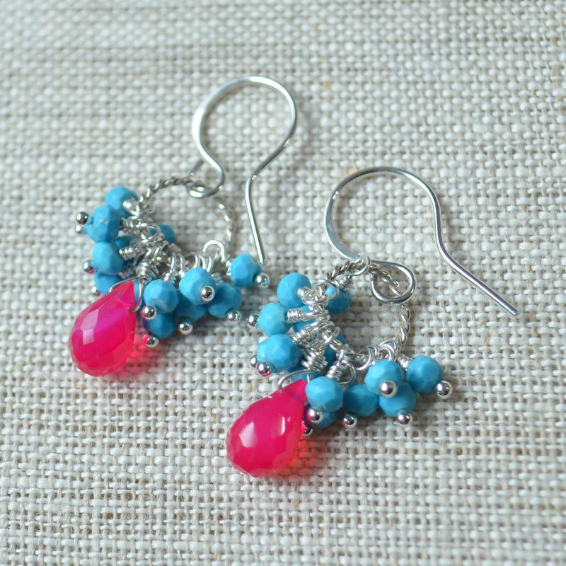 Turquoise Cluster Earrings with Hot Pink Chalcedony