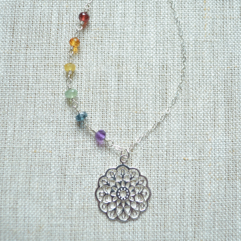 Sterling Silver Mandala Necklace with Rainbow Gemstones