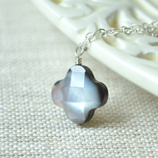 Black Mother of Pearl Necklace with Double Silver Chains