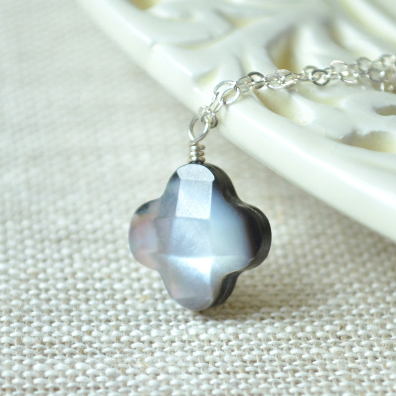 Black Mother of Pearl Necklace with Double Silver Chains