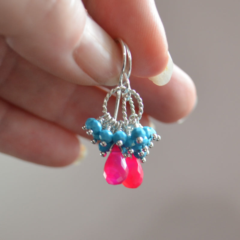 Turquoise Cluster Earrings with Hot Pink Chalcedony