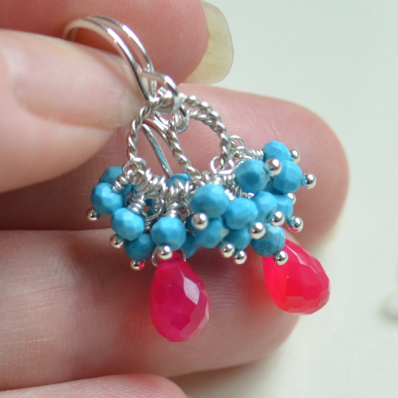 Turquoise Cluster Earrings with Hot Pink Chalcedony