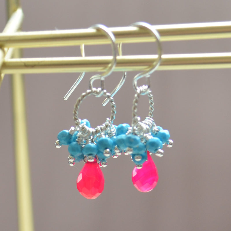 Turquoise Cluster Earrings with Hot Pink Chalcedony