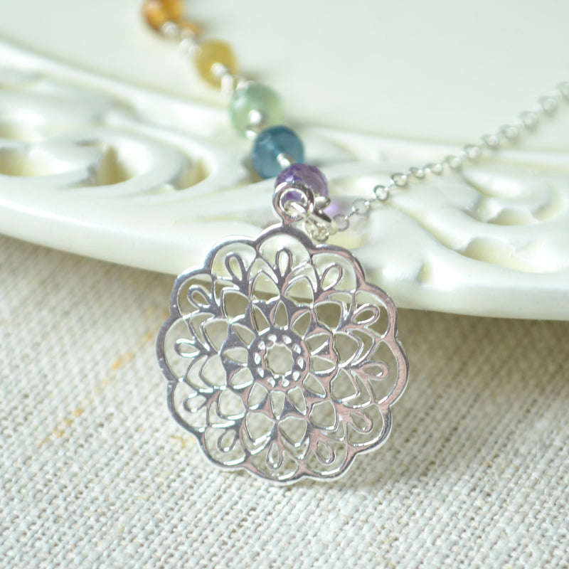 Sterling Silver Mandala Necklace with Rainbow Gemstones