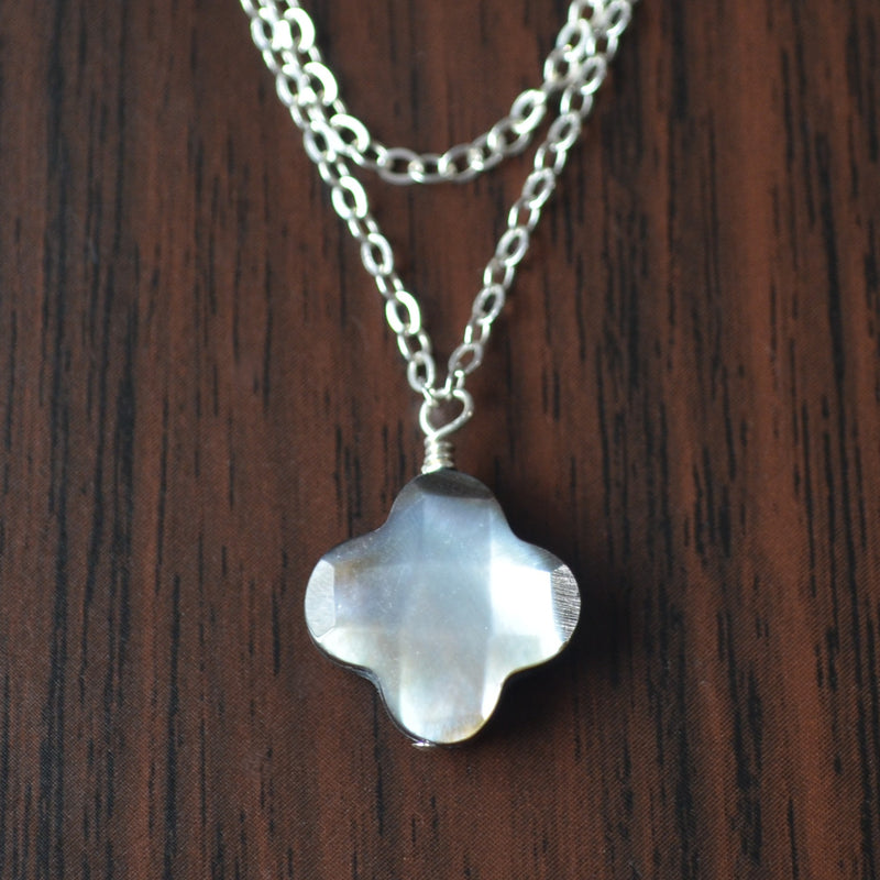 Black Mother of Pearl Necklace with Double Silver Chains