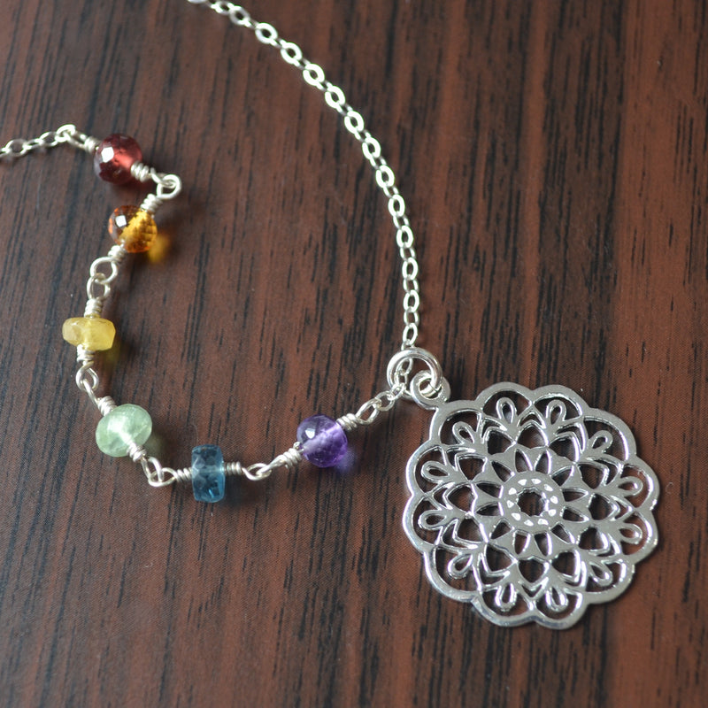 Sterling Silver Mandala Necklace with Rainbow Gemstones