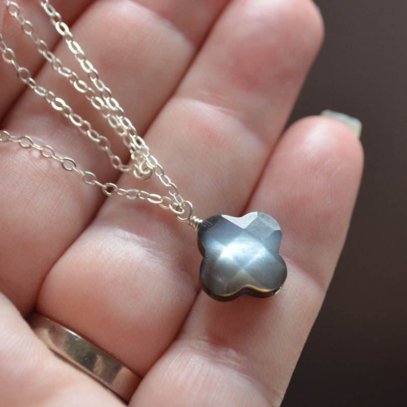 Black Mother of Pearl Necklace with Double Silver Chains