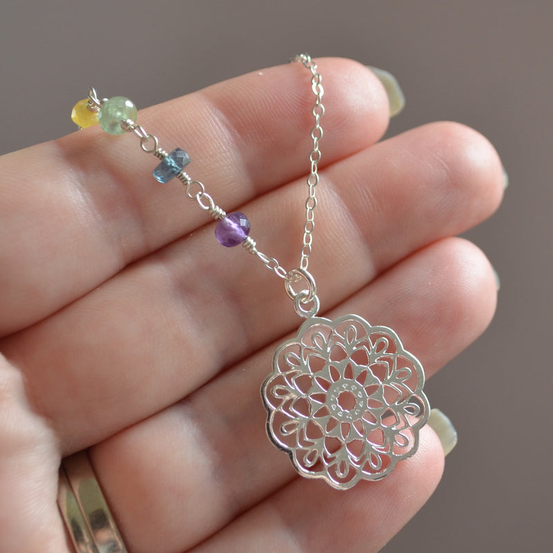 Sterling Silver Mandala Necklace with Rainbow Gemstones