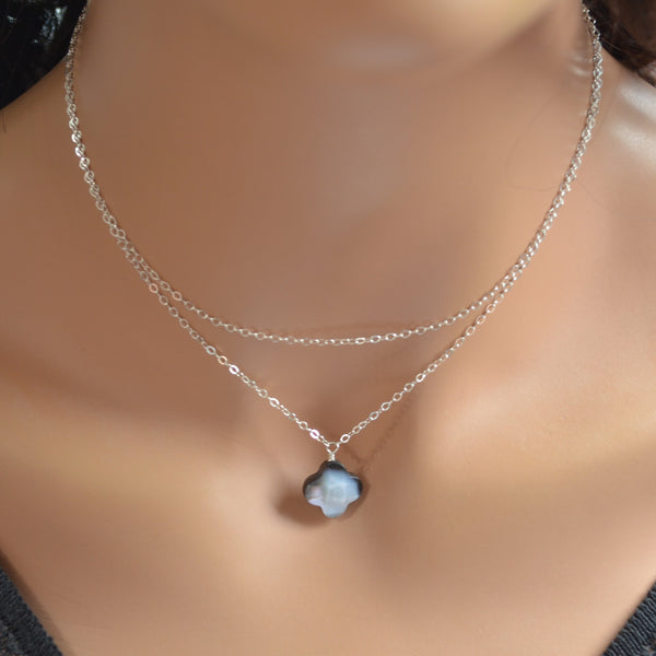 Black Mother of Pearl Necklace with Double Silver Chains