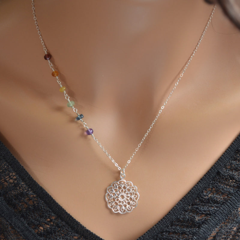 Sterling Silver Mandala Necklace with Rainbow Gemstones