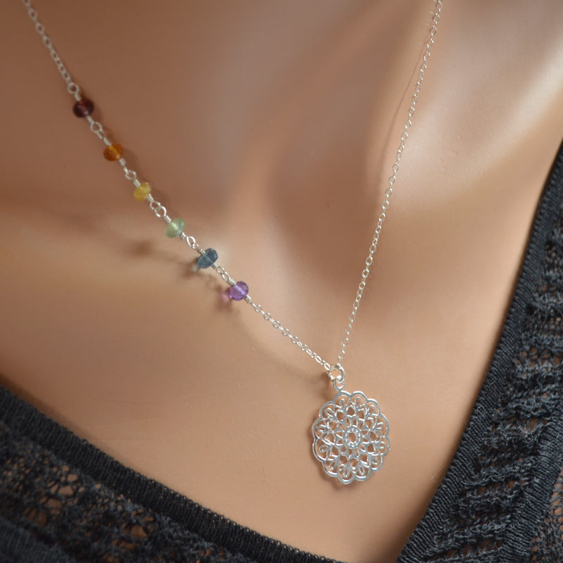 Sterling Silver Mandala Necklace with Rainbow Gemstones