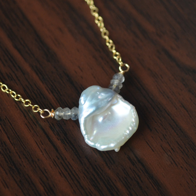 White Keishi Pearl Necklace with Labradorite