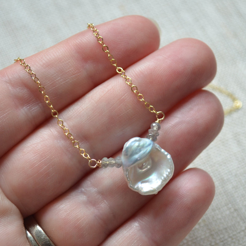White Keishi Pearl Necklace with Labradorite