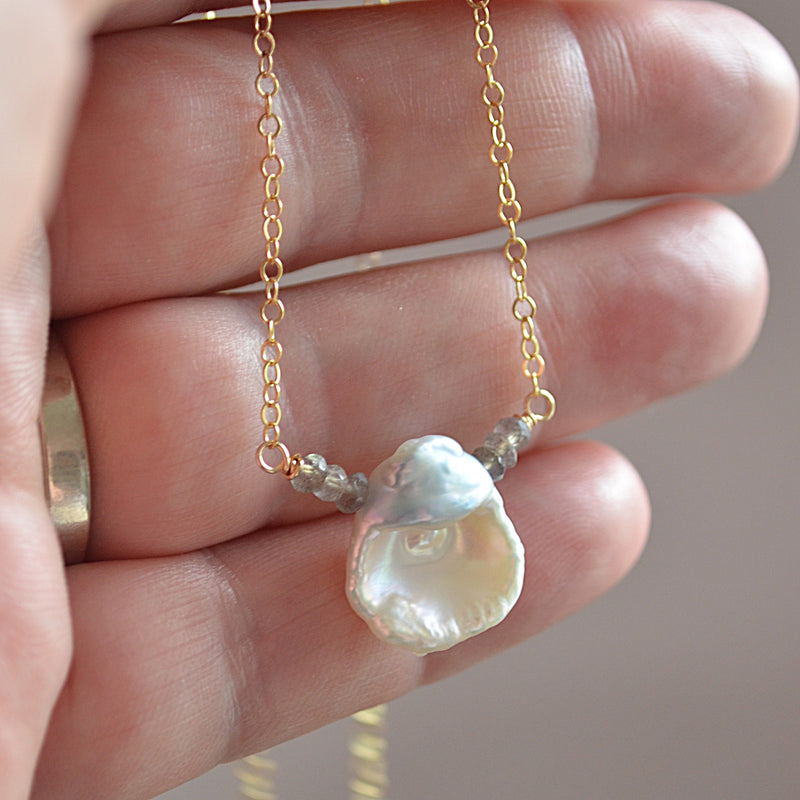 White Keishi Pearl Necklace with Labradorite