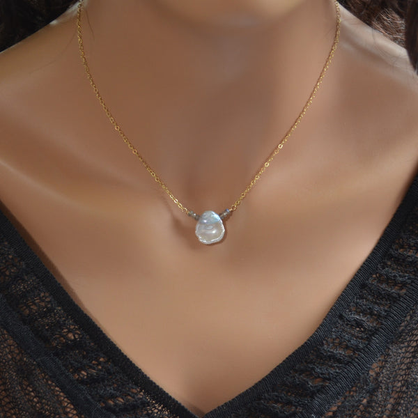 White Keishi Pearl Necklace with Labradorite