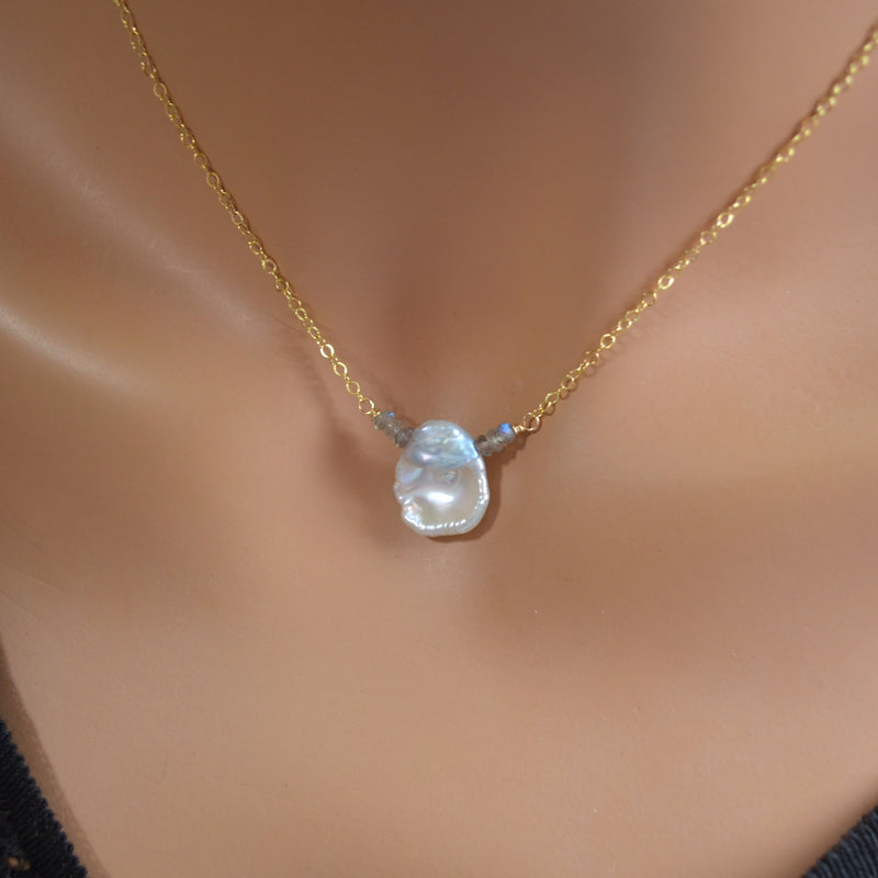 White Keishi Pearl Necklace with Labradorite