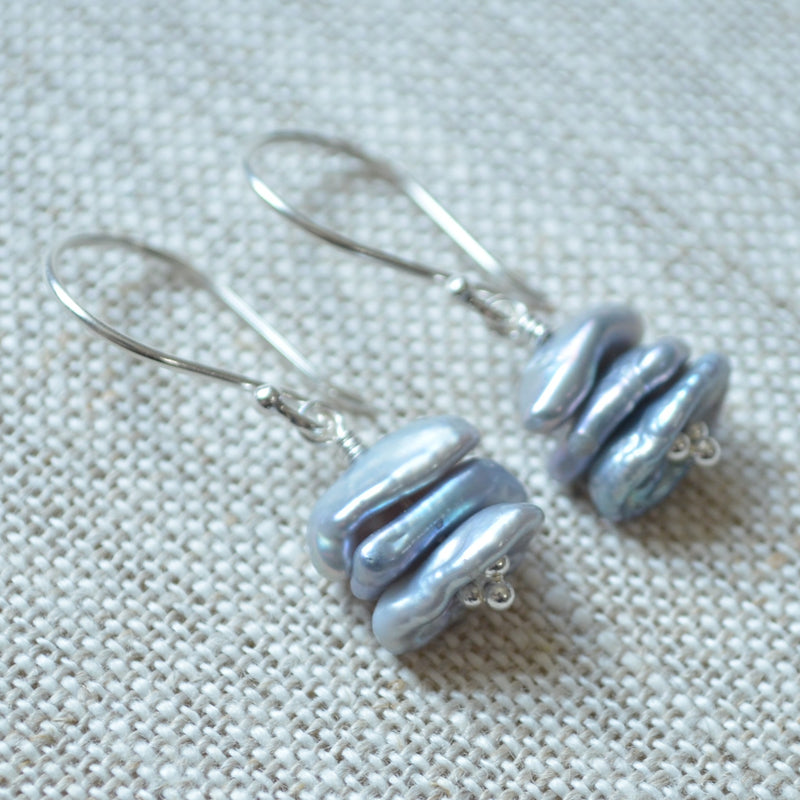 Denim Blue Keshi Pearl Earrings in Sterling Silver
