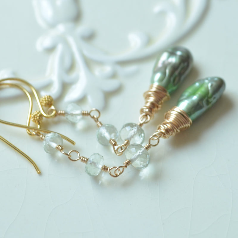 Green Amethyst Earrings with Biwa Pearls
