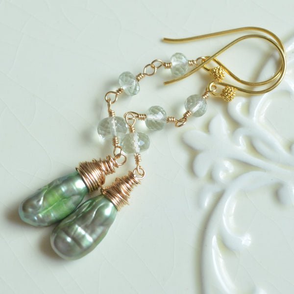 Green Amethyst Earrings with Biwa Pearls