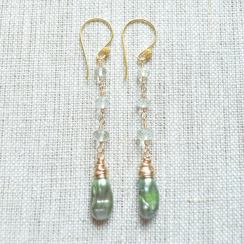 Green Amethyst Earrings with Biwa Pearls