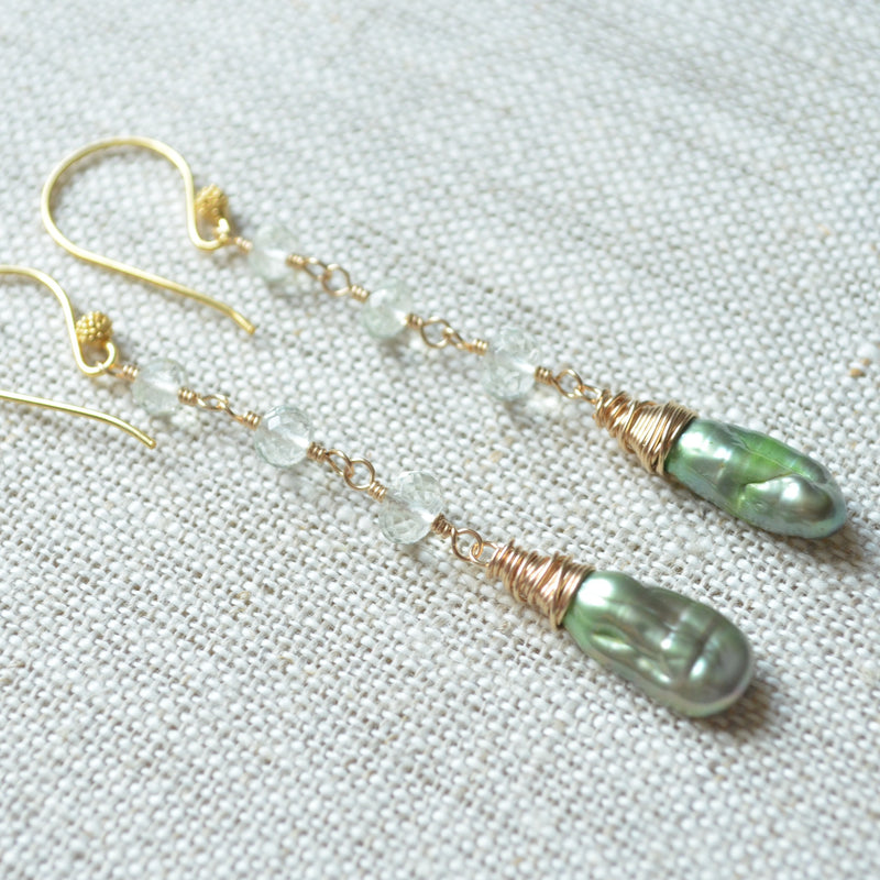 Green Amethyst Earrings with Biwa Pearls