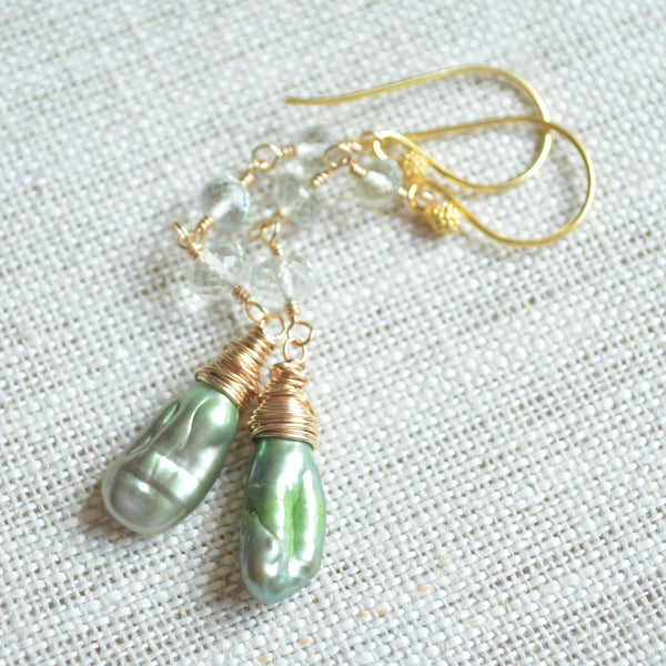 Green Amethyst Earrings with Biwa Pearls