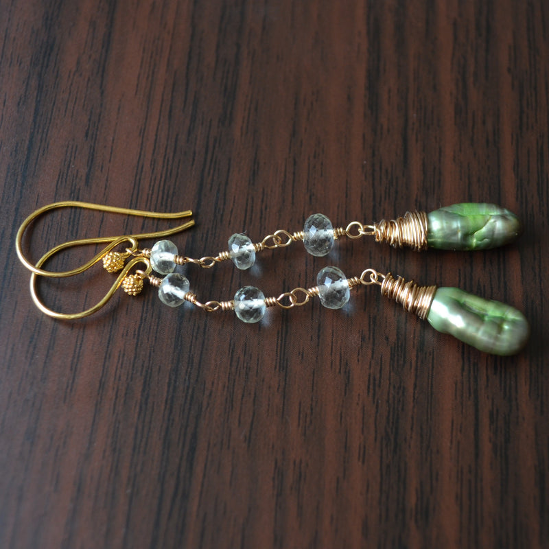 Green Amethyst Earrings with Biwa Pearls
