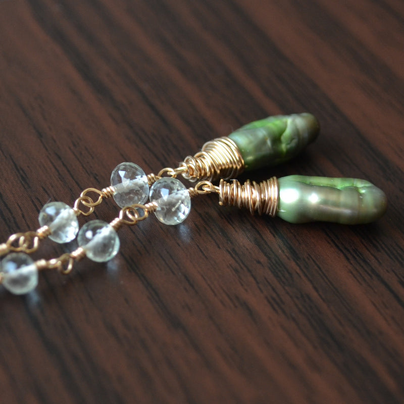 Green Amethyst Earrings with Biwa Pearls