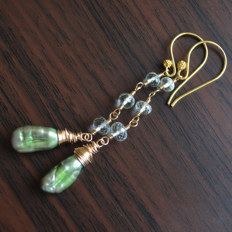 Green Amethyst Earrings with Biwa Pearls