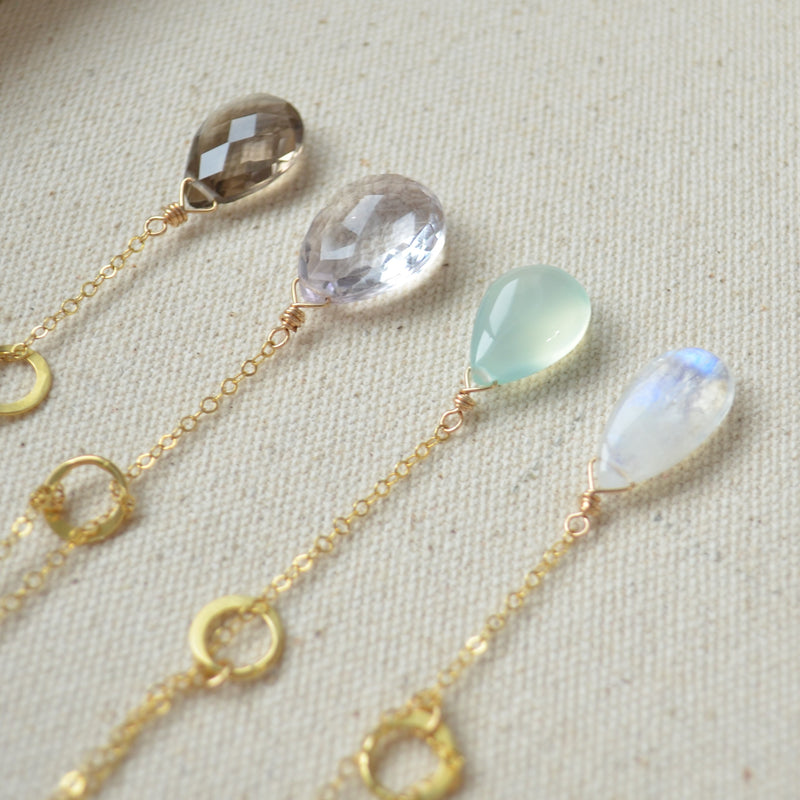 Aqua Chalcedony Pear Lariat Necklace in Gold