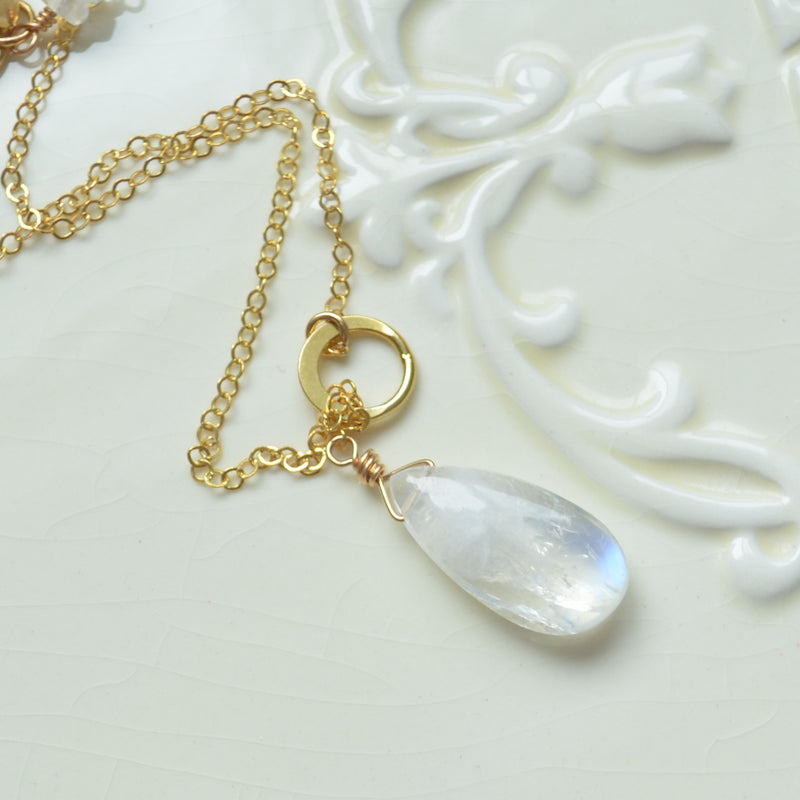 Moonstone Pear Lariat Necklace in Gold