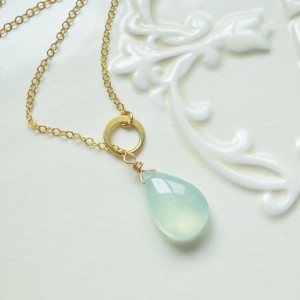 Aqua Chalcedony Pear Lariat Necklace in Gold