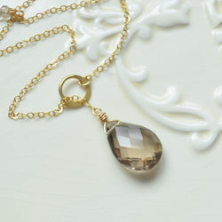 Smoky Quartz Pear Lariat Necklace in Gold