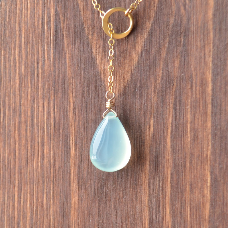 Aqua Chalcedony Pear Lariat Necklace in Gold