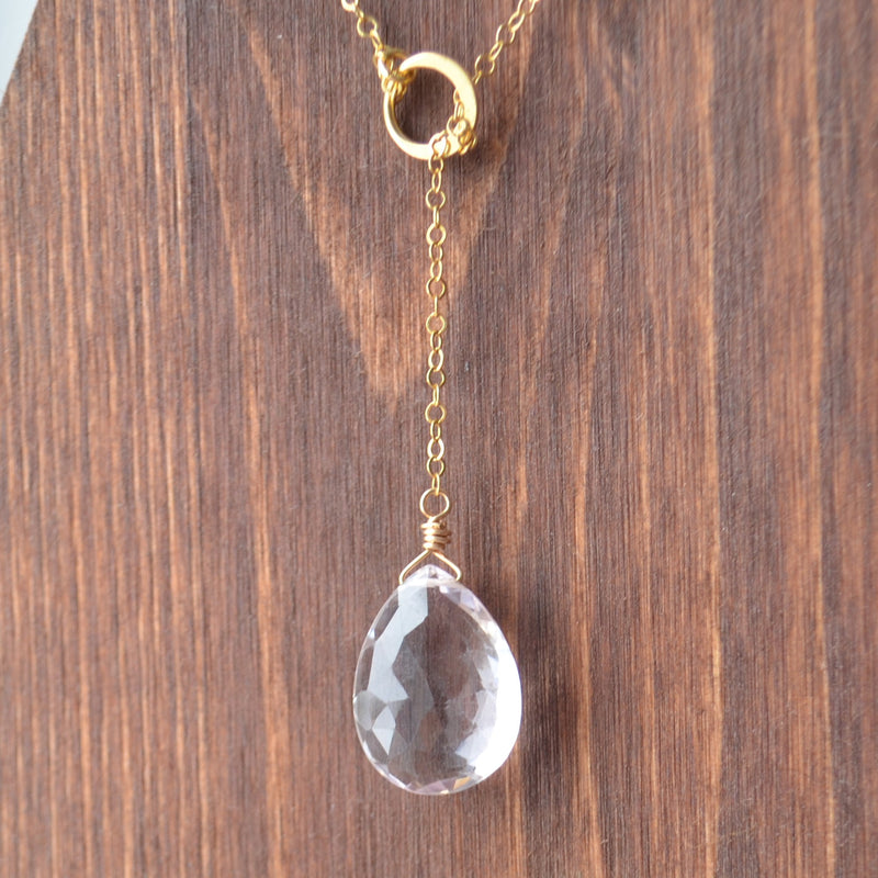 Pink Amethyst Pear Lariat Necklace in Gold