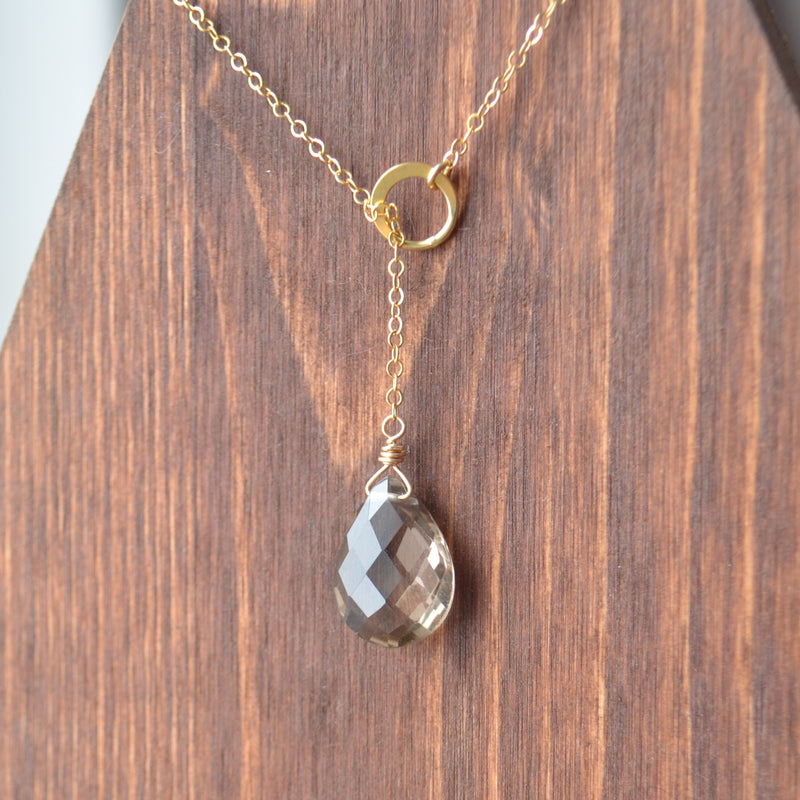 Smoky Quartz Pear Lariat Necklace in Gold