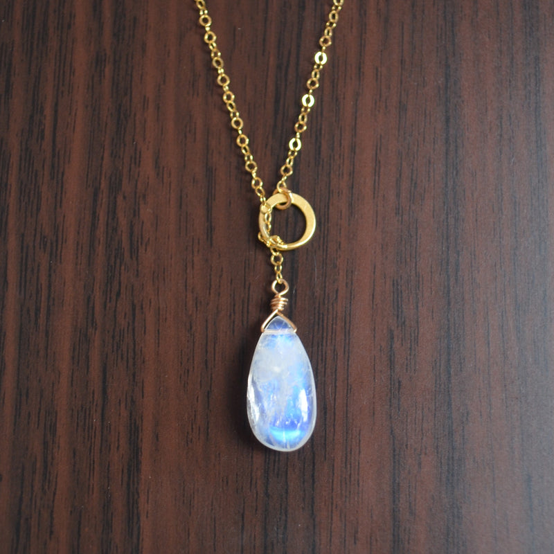 Moonstone Pear Lariat Necklace in Gold