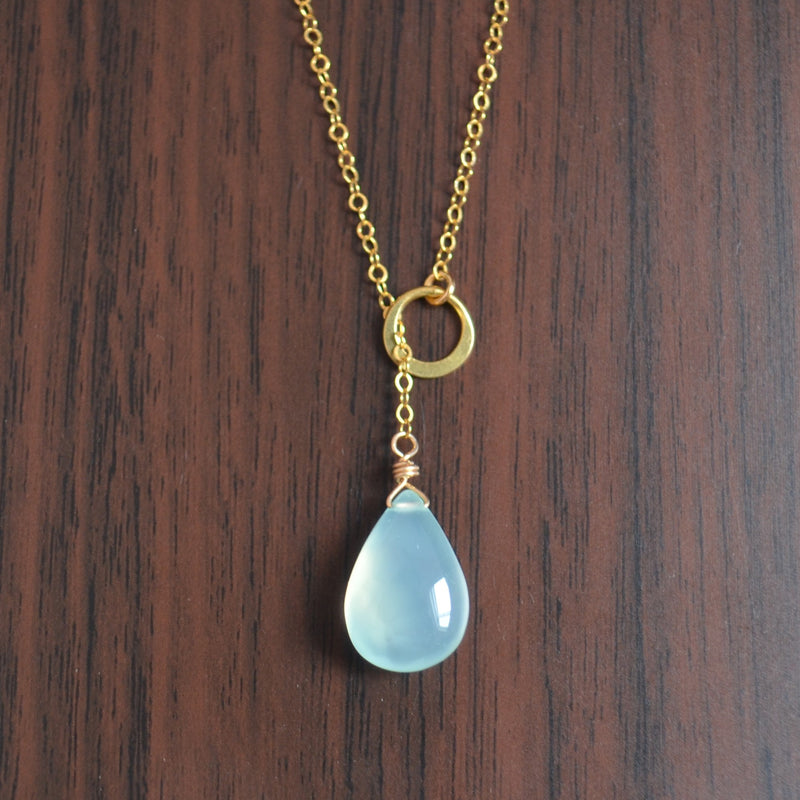 Aqua Chalcedony Pear Lariat Necklace in Gold