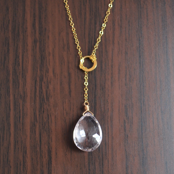 Pink Amethyst Pear Lariat Necklace in Gold