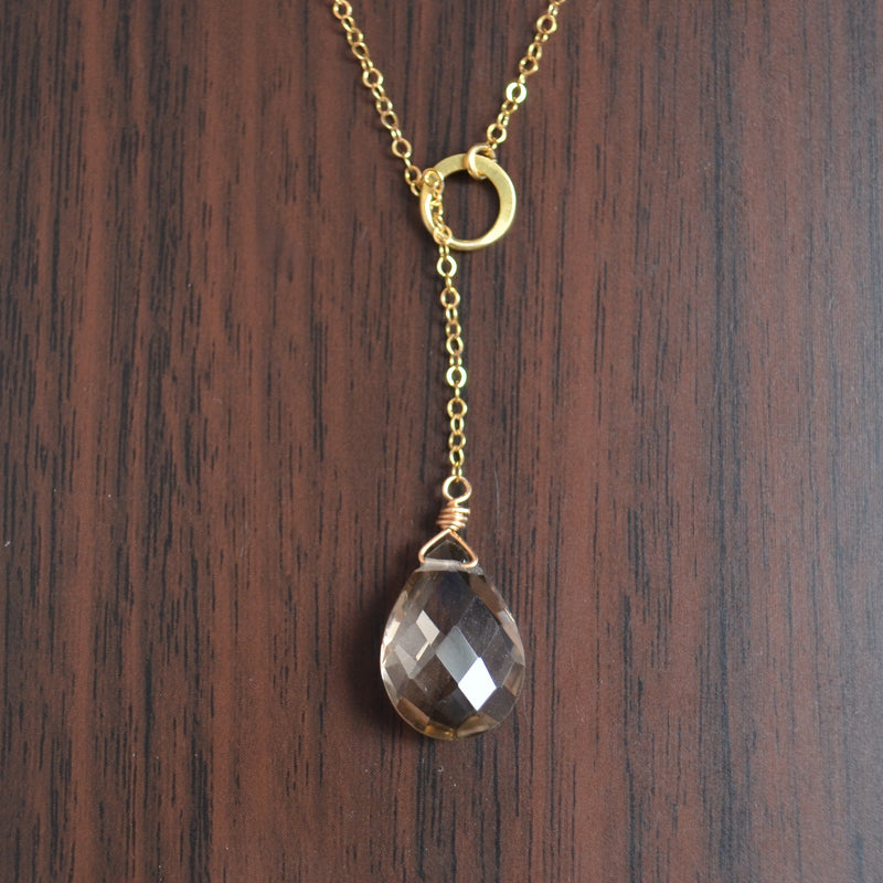 Smoky Quartz Pear Lariat Necklace in Gold