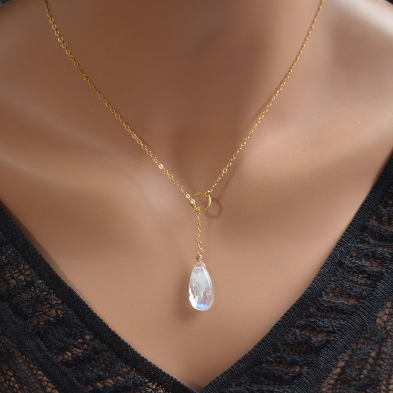 Moonstone Pear Lariat Necklace in Gold