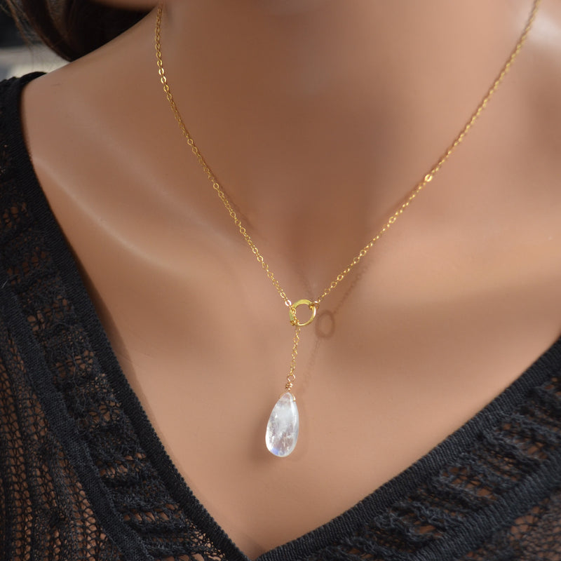 Moonstone Pear Lariat Necklace in Gold